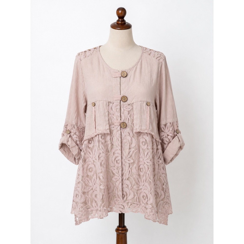 Ali Miles Womens XS Dusty Rose Linen Floral Lace Button Front Boho Tunic Top